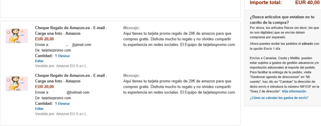 Lote de 40€ en tarjetas promo regalo de amazon de 20€ cada una