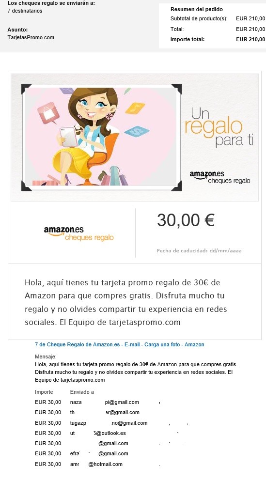 Enviado otro lote de 7 tarjetas promo regalo de amazon de 30€ a nuestros usuarios 